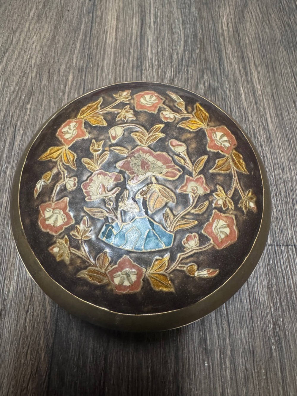 Vintage Brass floral design Trinket Box / Cloisonné Lid